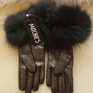 Mitchies Leather Quilted Gloves with Fox Fur Cuff